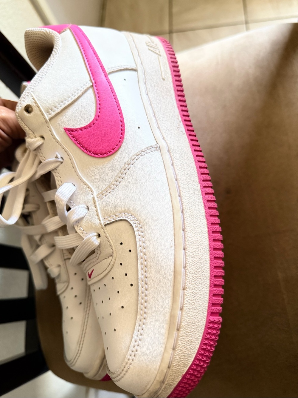 Nike Kids White Sneakers with Hot Pink Swoosh and Outsole